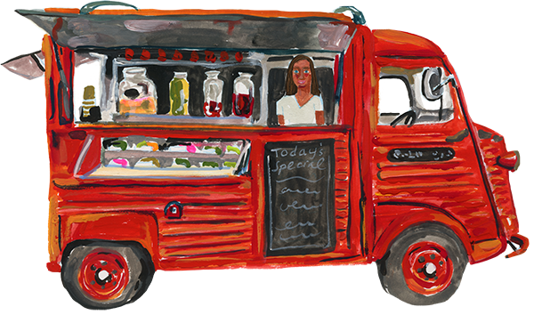 An illustration of a red food truck.