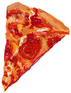 An illustration of a pepperoni pizza slice.