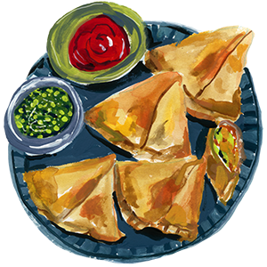 An illustration of a plate of samosas.