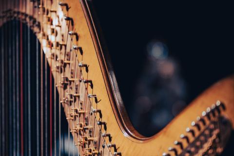 A closeup of a harp