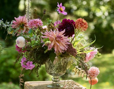 A pedestal vase with colorful dahlias sitting outside with greenery in the background.