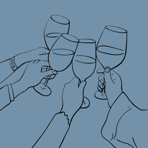 Line drawing of four hands clinking glasses 