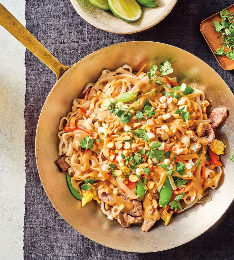 beef pad thai in a skillet