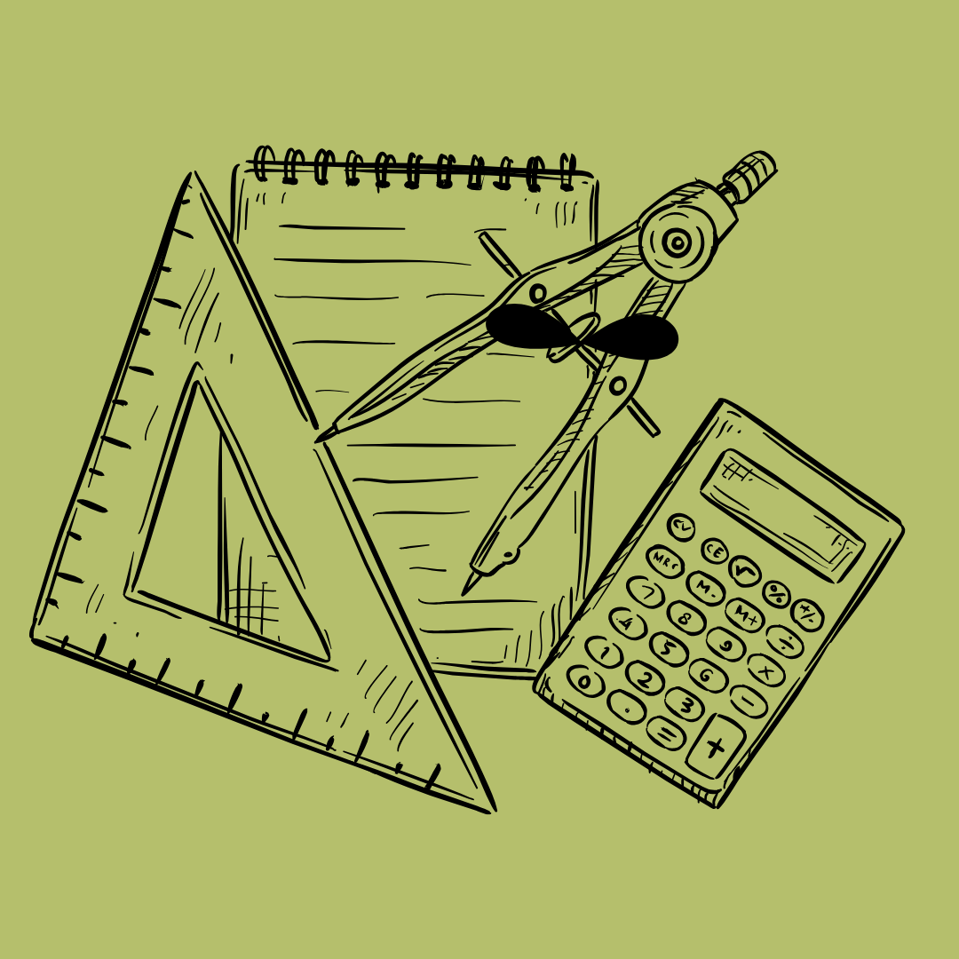 Drawing of protractor triangle, caluculator, circle compass, and notebook.